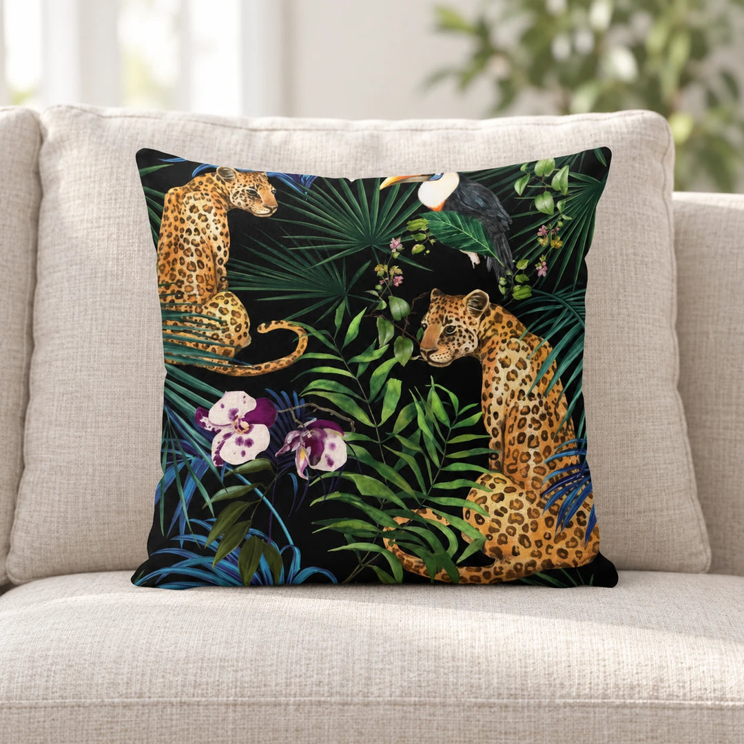 Single cushion with its original animal and leaf print in a bright living room