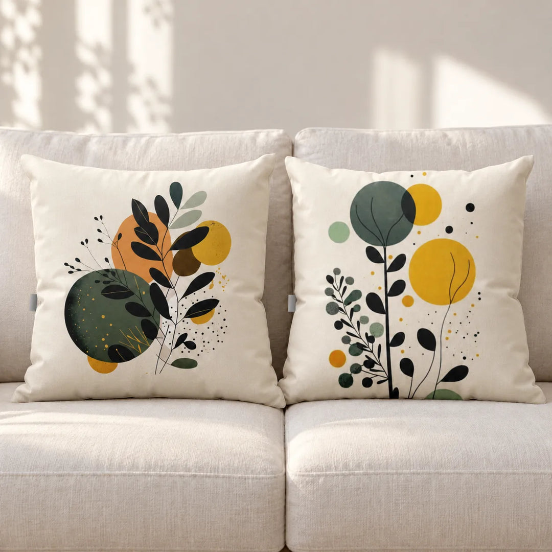 Set of two Orlina cream cushion covers with the original green, mustard and black botanical designs on a sofa; fillers not included.