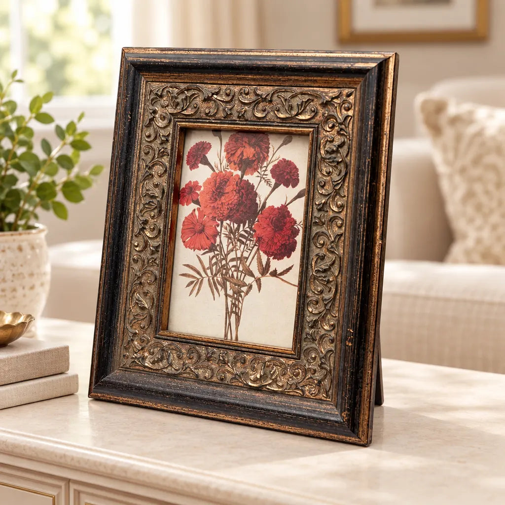 Dark brown and gold embossed photo frame with red flower print in living room