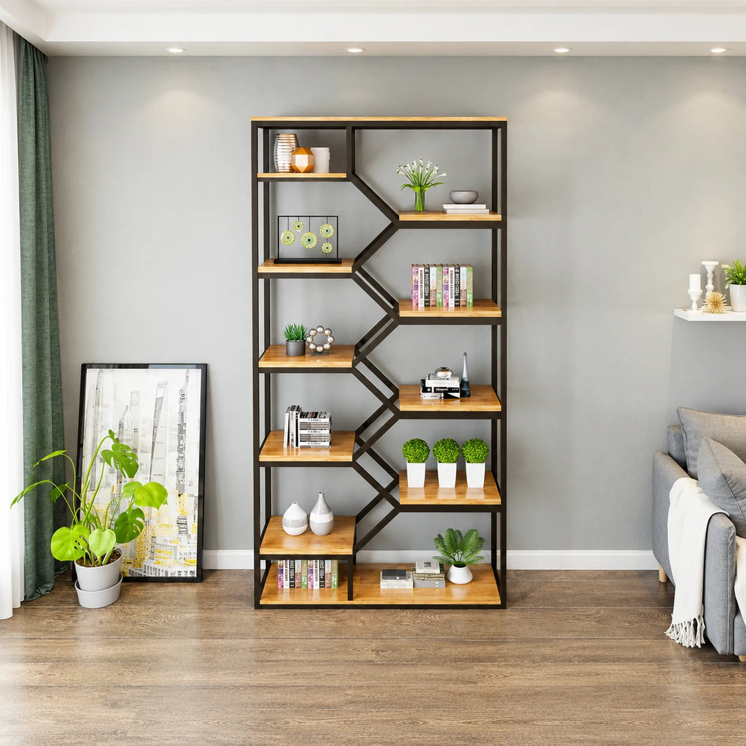PAKASEPT light wood shelves with black zigzag frame against a wall