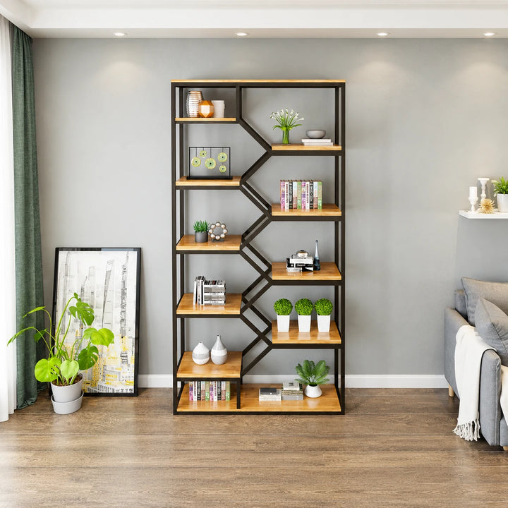 PAKASEPT light wood shelves with black zigzag frame against a wall