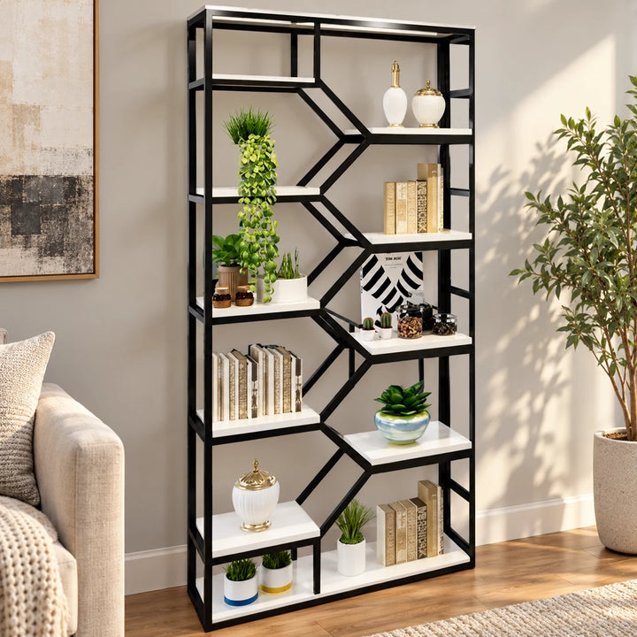PAKASEPT white shelf boards with black zigzag frame in a living room