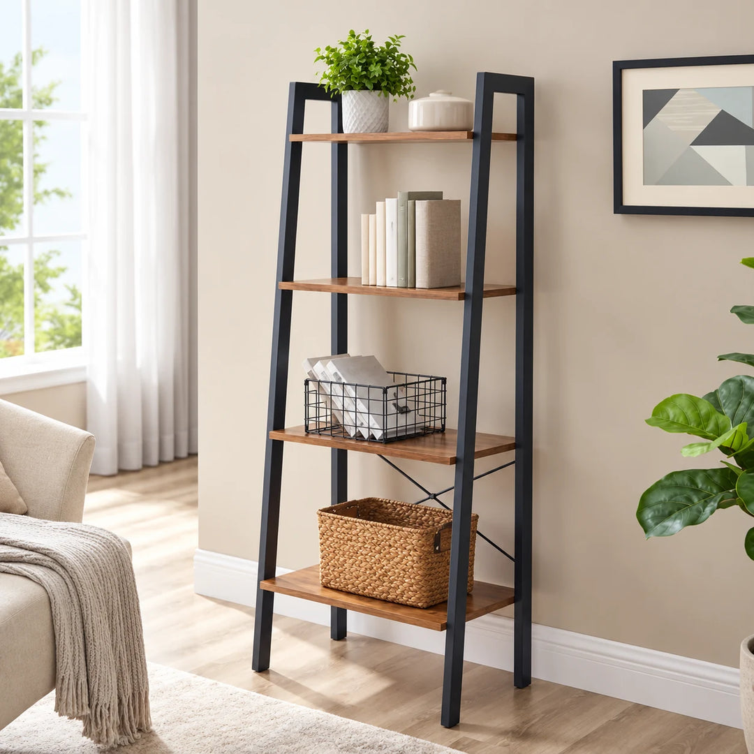 Parikh four-shelf brown wood and black metal ladder rack with books and plants against a living room wall