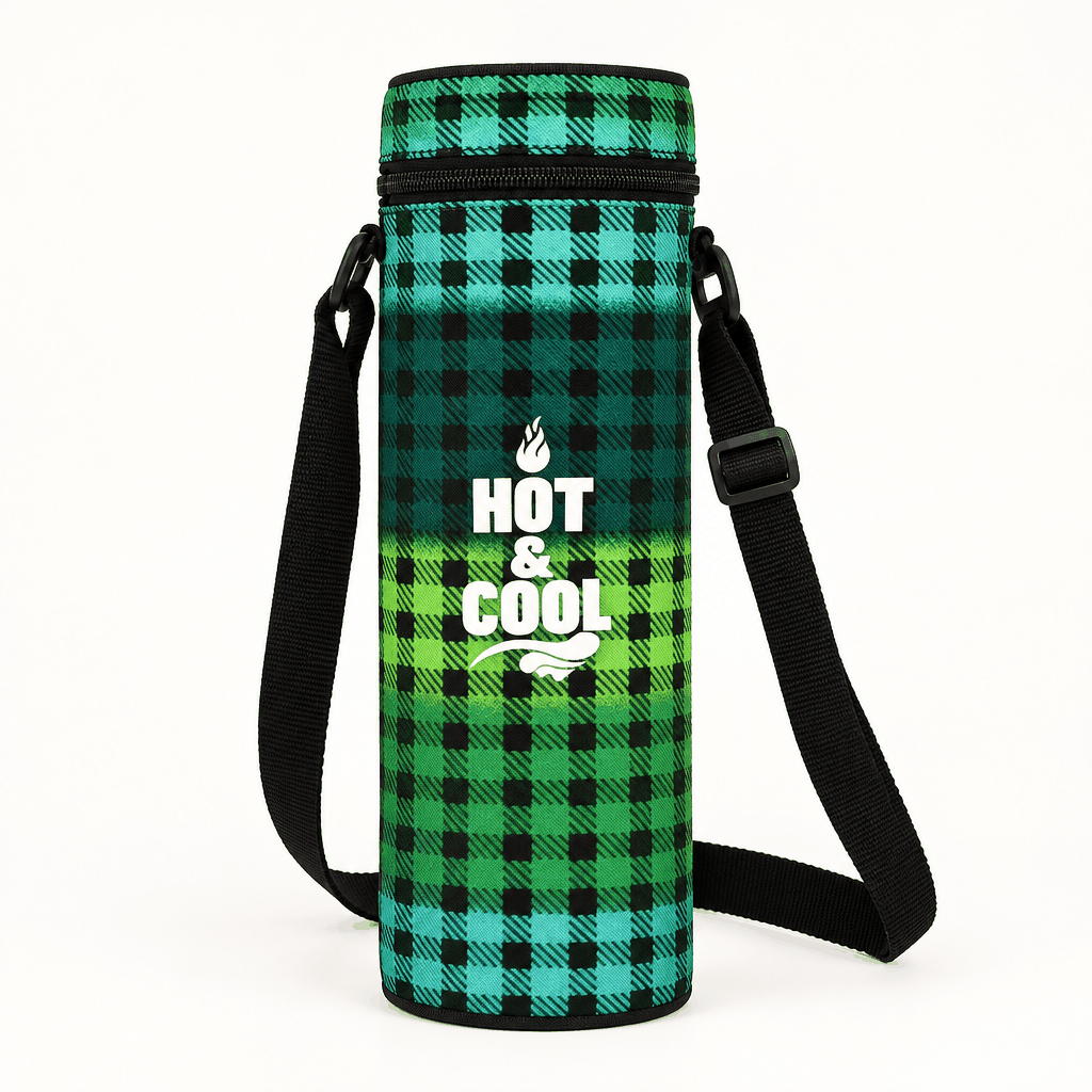 Green checked Hot and Cool bottle bag with a black shoulder strap