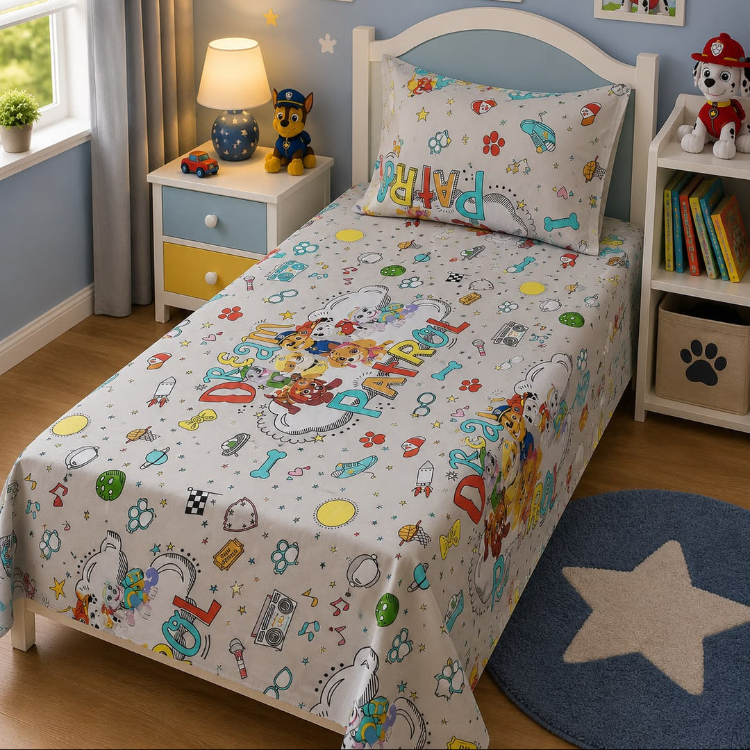 Cream kids single bed sheet with doodle-style puppy and icon print