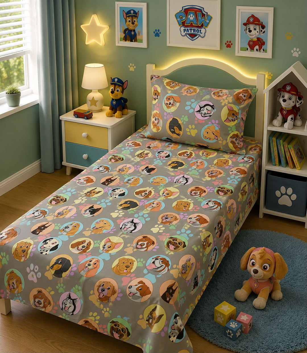 Grey kids single bed sheet with puppy faces set in colourful circles