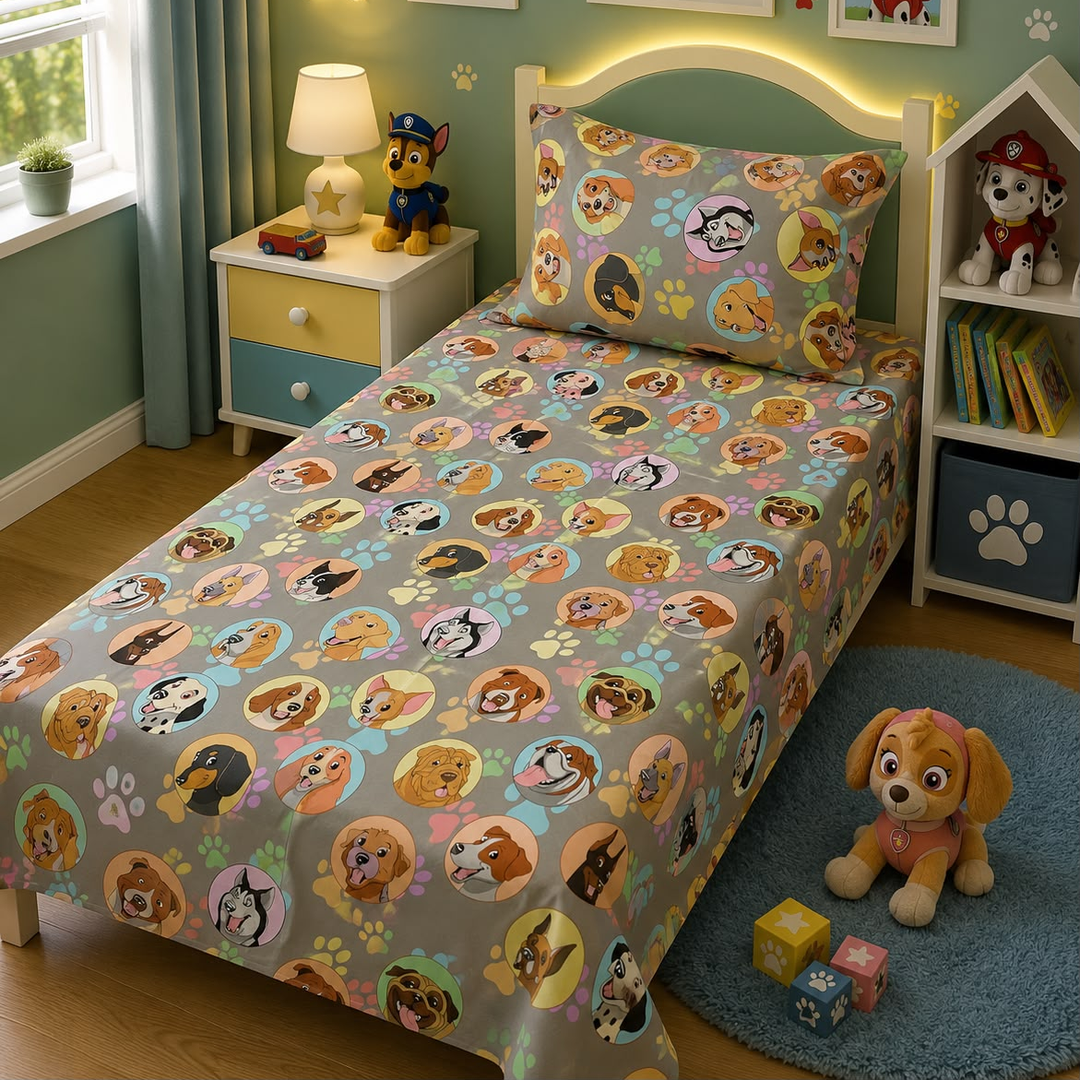 Grey kids single bed sheet with puppy faces set in colourful circles