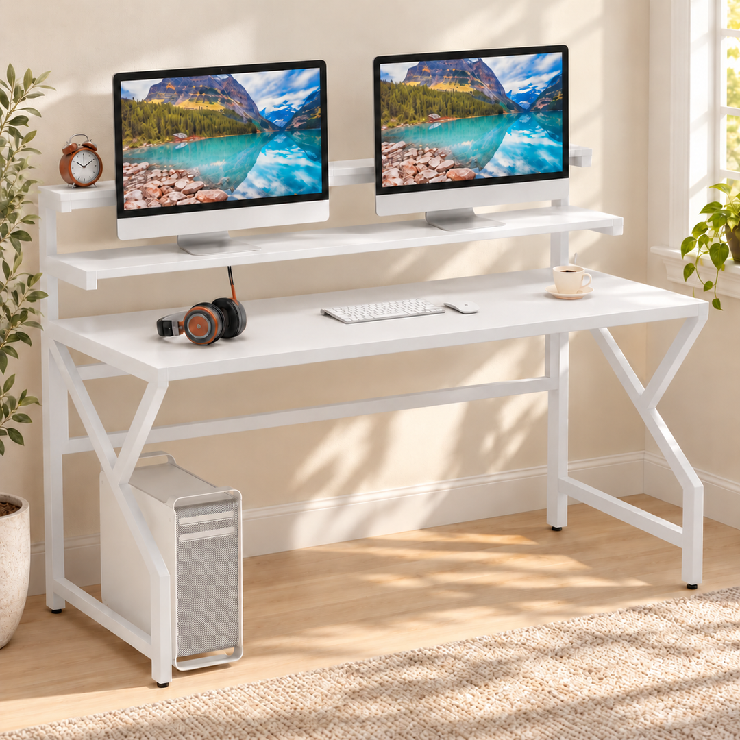 Peeled District white workstation with raised monitor shelf and angular side supports in a sunlit office