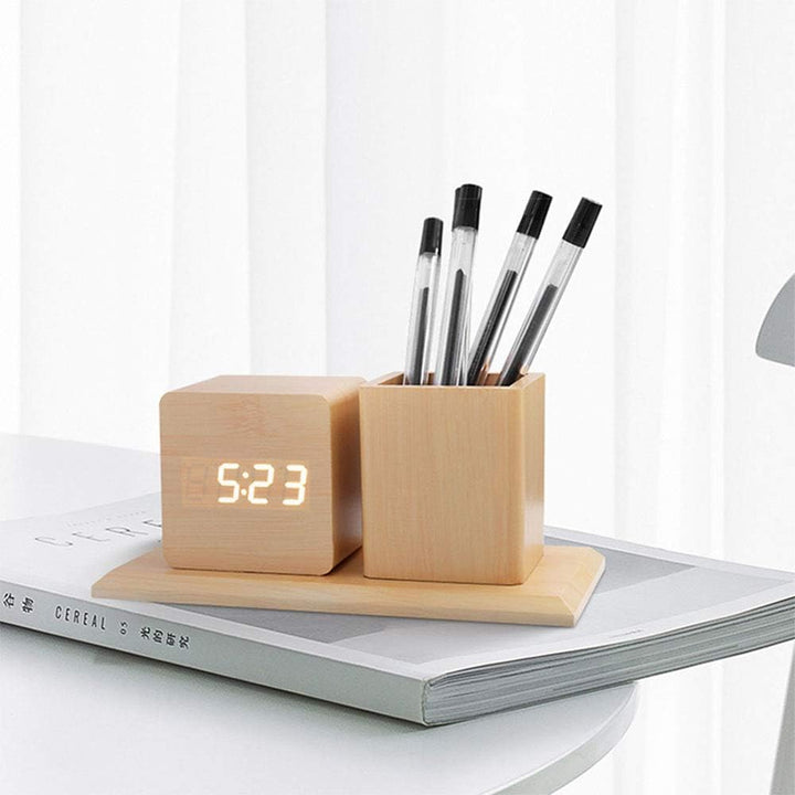 Pen Holder Wooden Digital Alarm Clock | Home Décor | Waseeh Pakistan