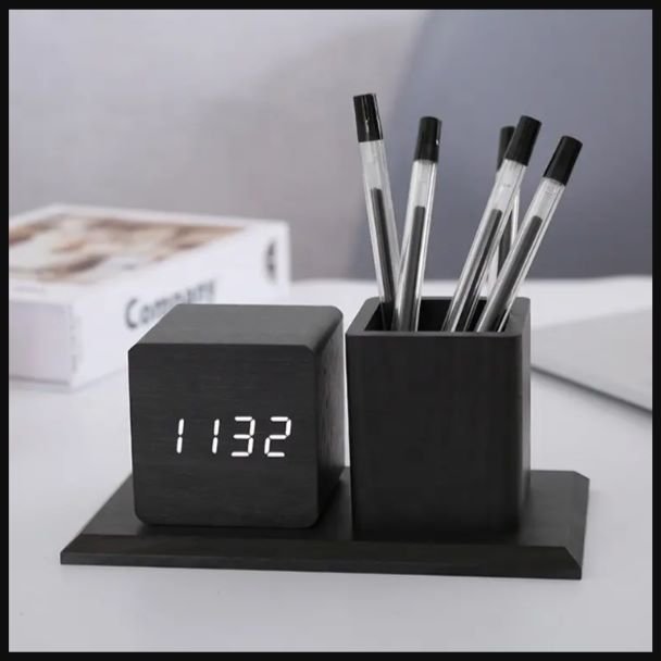 Pen Holder Wooden Digital Alarm Clock | Home Décor | Waseeh Pakistan