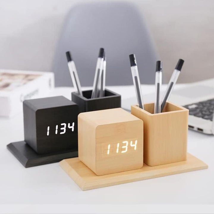 Pen Holder Wooden Digital Alarm Clock | Home Décor | Waseeh Pakistan