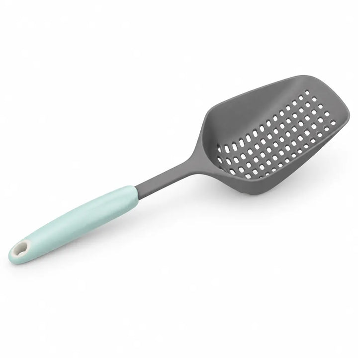 Grey flexible spoon colander with mint green handle, angled view on white background