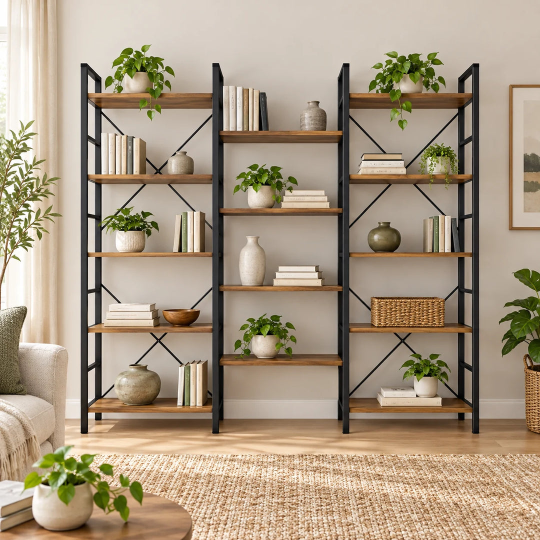 Philip triple wide brown wood bookcase with fourteen shelves and black frame against a living room wall
