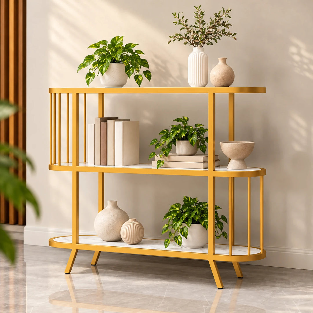 Piasso three-tier white console with gold powder-coated frame, staggered rod accents and four angled feet