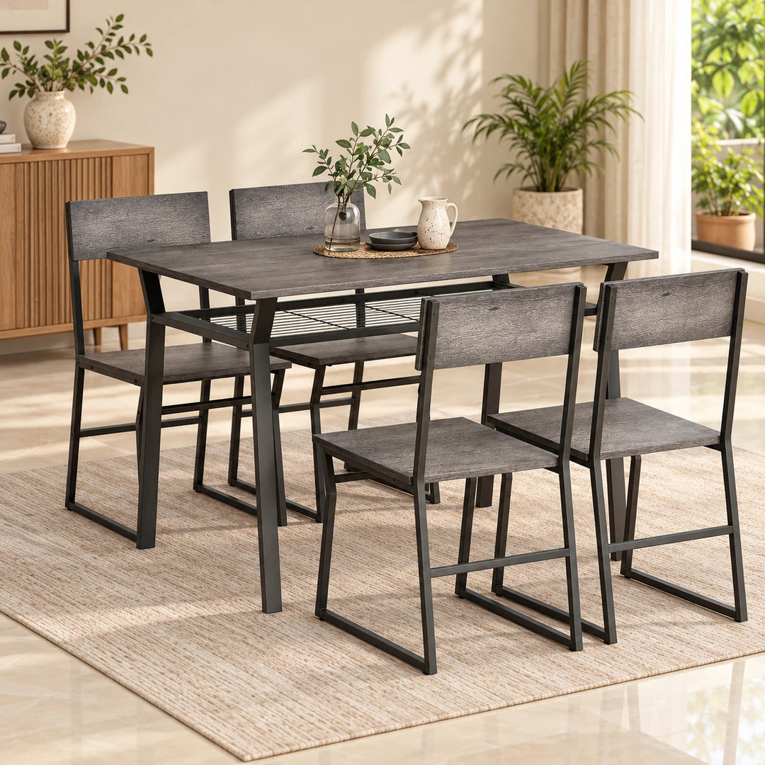 Grey woodgrain Pikkizi dining table with four matching chairs and black metal frames in a daylight room
