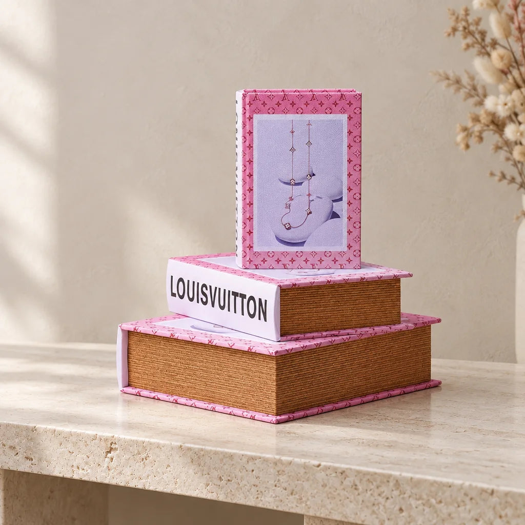 Pink and white home book decor boxes stacked with one standing upright on marble counter