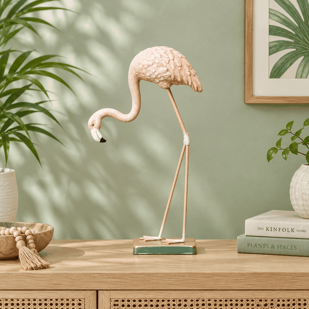 Light pink flamingo statue decor with gold legs on sideboard against green wall