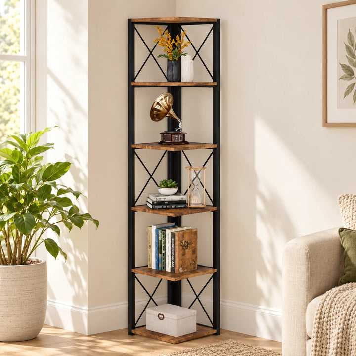 Plinth corner bookcase with rustic brown shelves and black metal frame in a sunlit room with books and plants