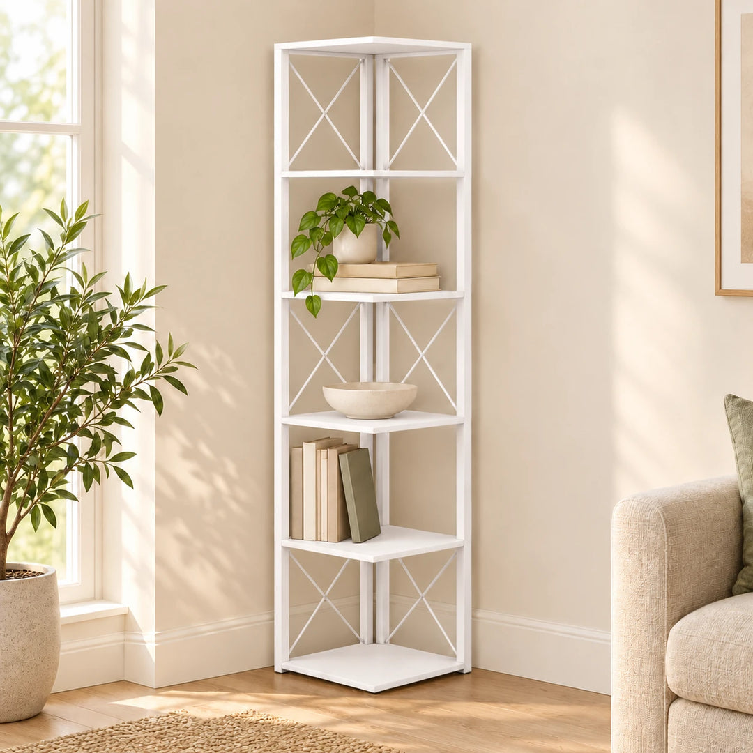 White Plinth corner bookcase with six triangular shelves, books and plants in a naturally lit living room