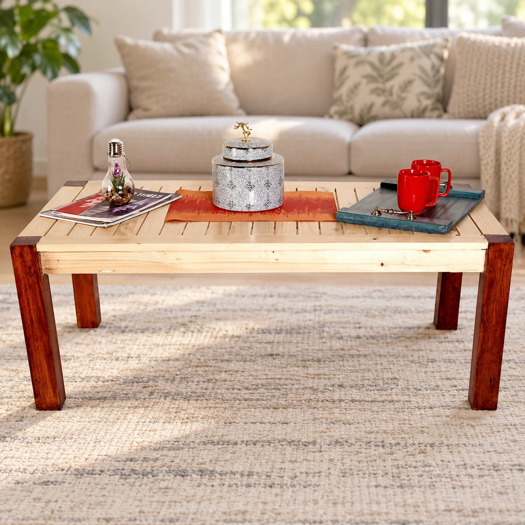 Pale slatted table bench with reddish-brown legs in a daylight living room