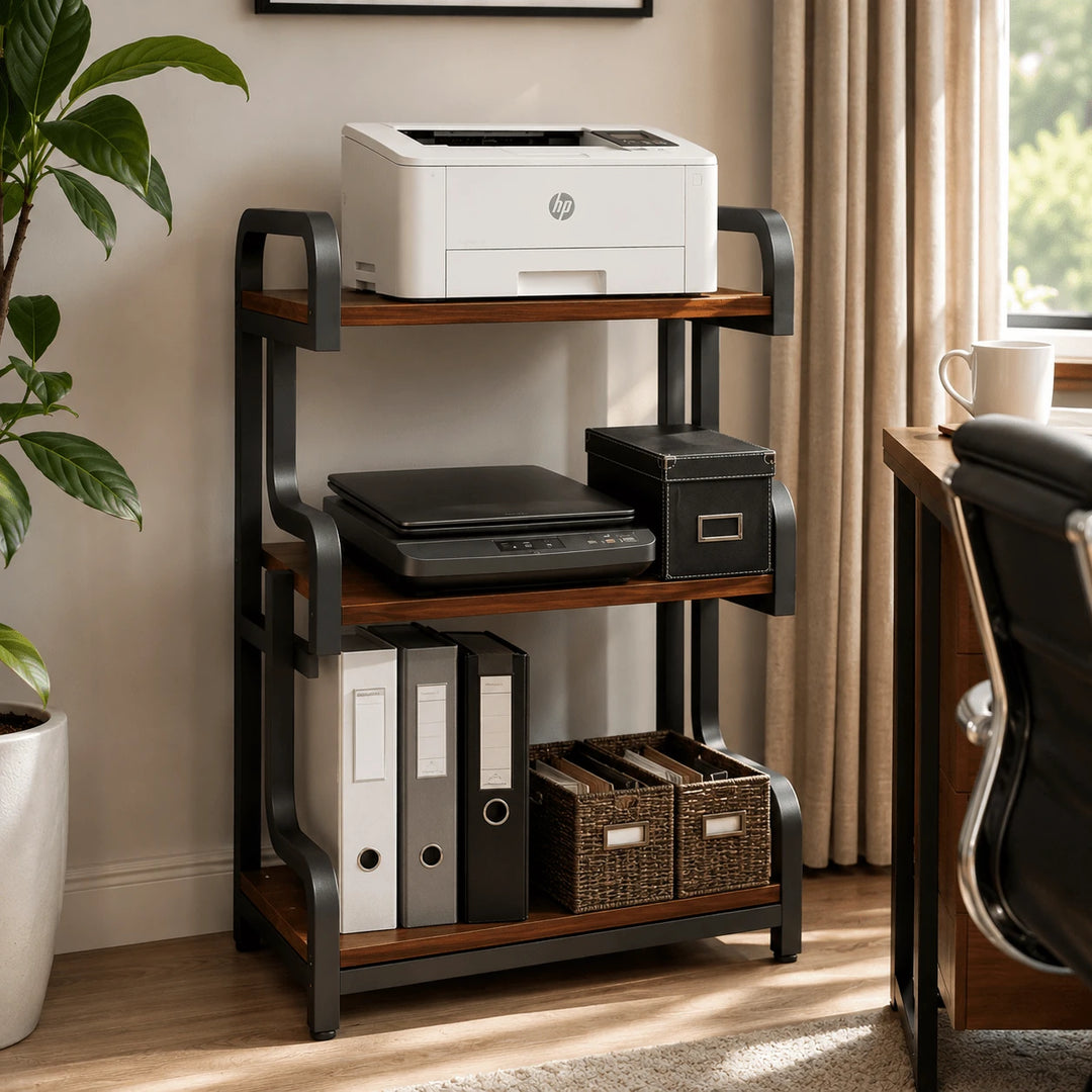Black frame printer stand with rustic shelves holding printer and files in office