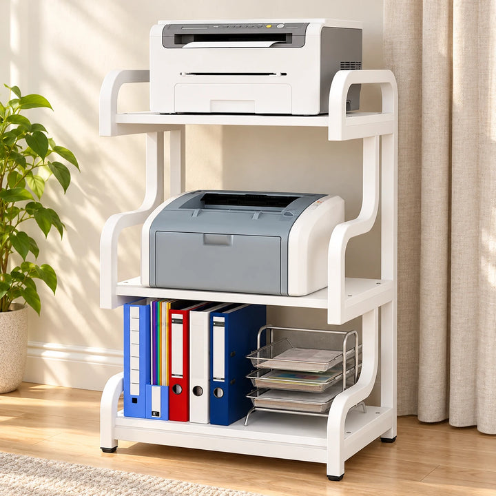 All-white three-tier printer stand with curved frame in a sunlit home office