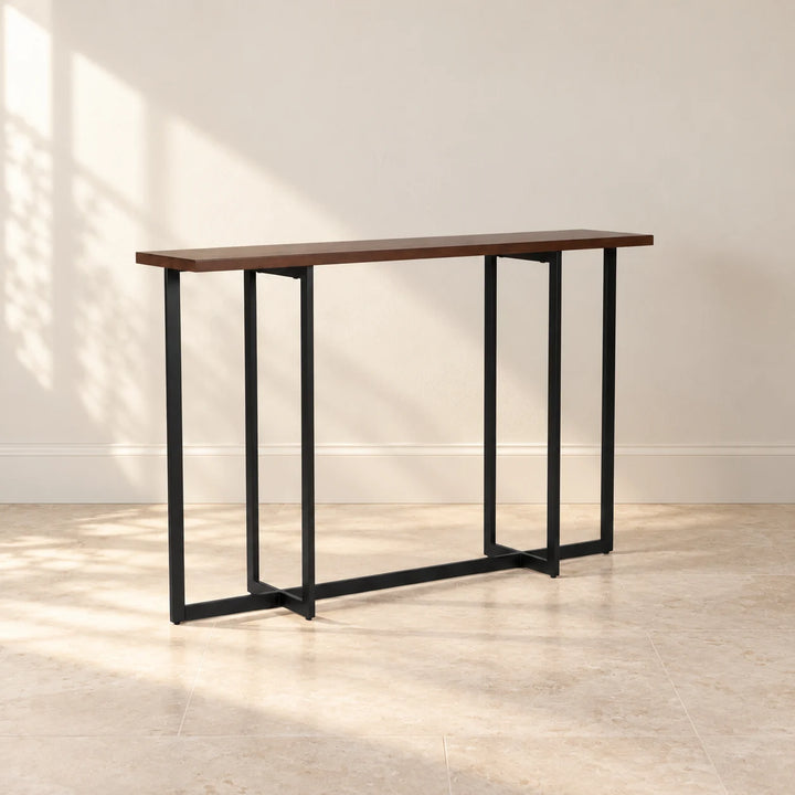 Pritts narrow brown top console table with black metal frame in natural light