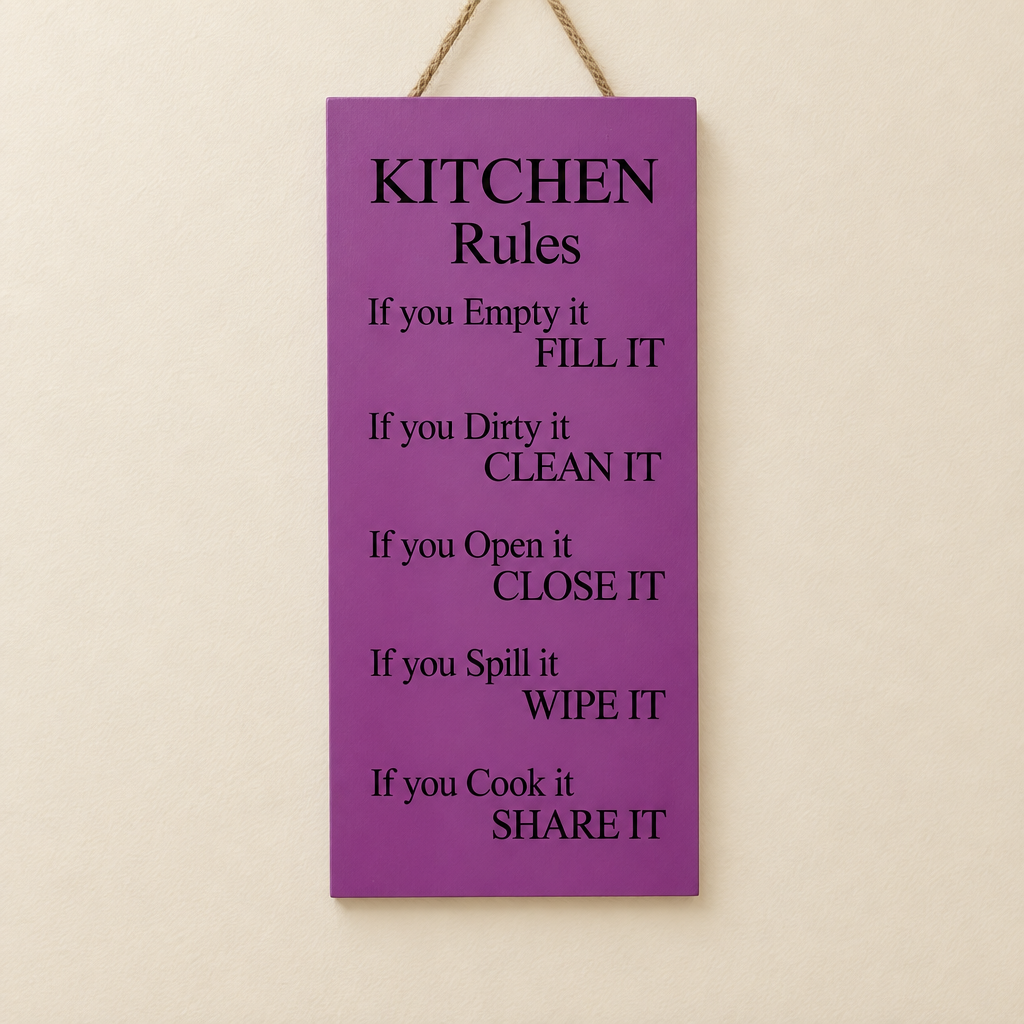 Purple hanging wall decor plaque with Kitchen Rules caption in black text
