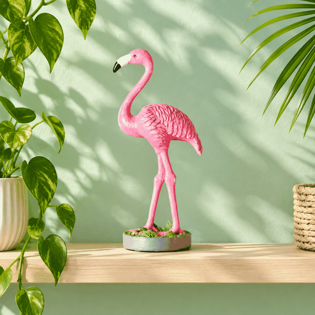 Bright pink flamingo statue decor on round base beside potted plants on wooden shelf