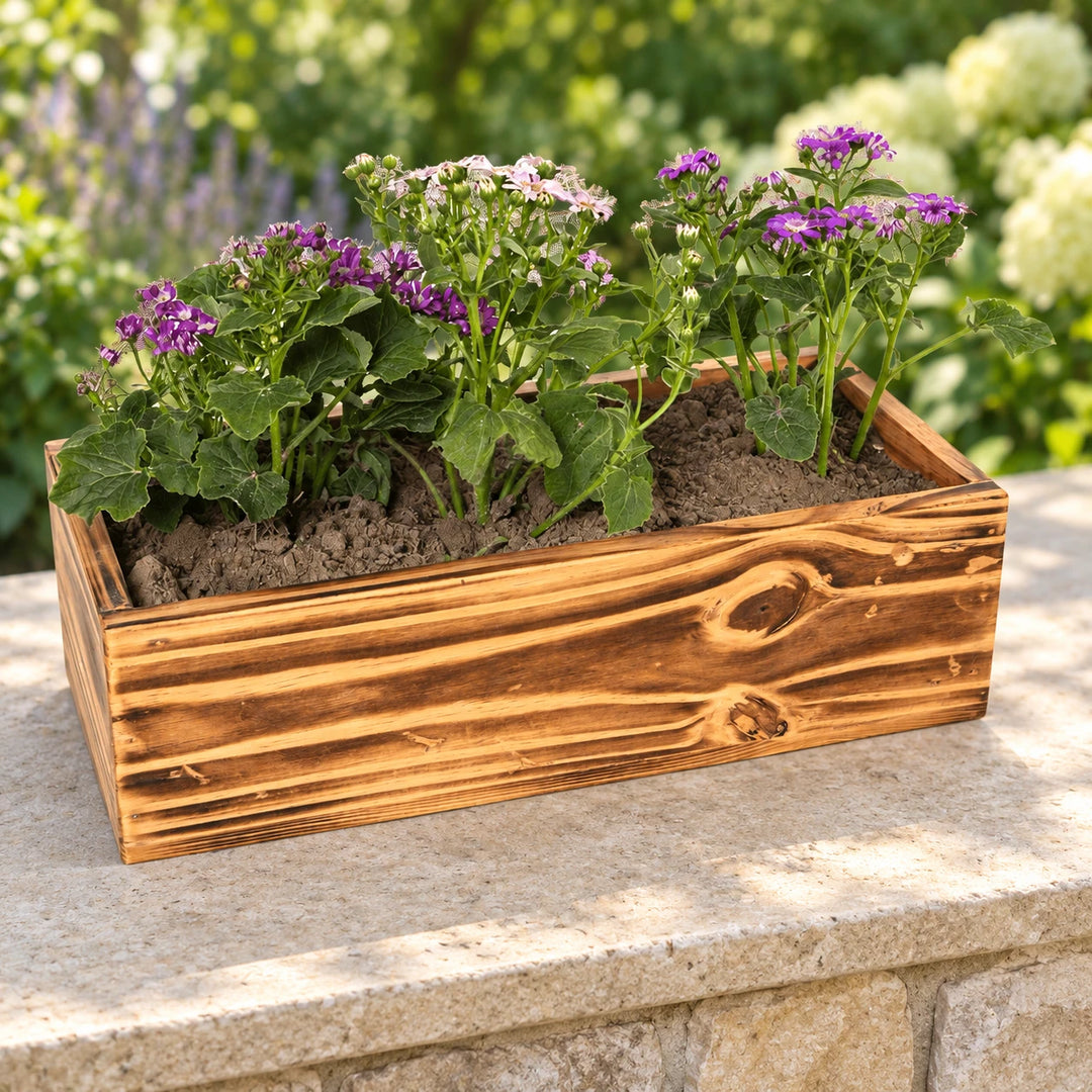 Wooden rectangular planter in a sunlit garden setting
