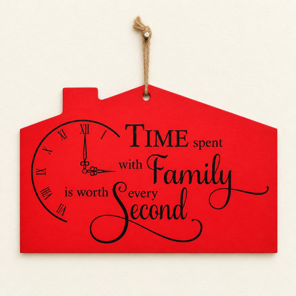 Red wooden house-shaped wall decor with clock and family time quote