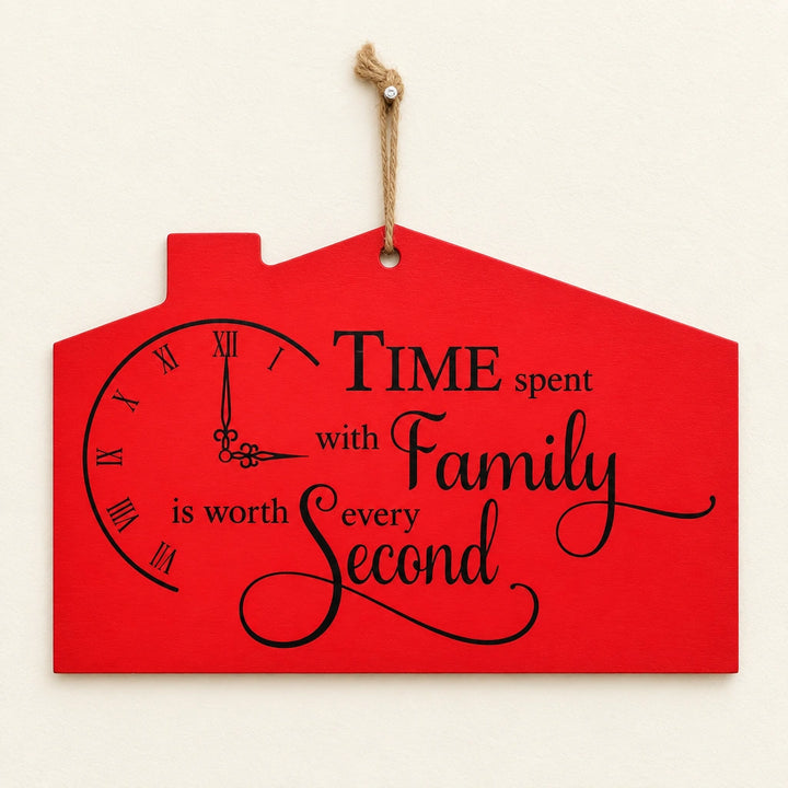 Red wooden house-shaped wall decor with clock and family time quote
