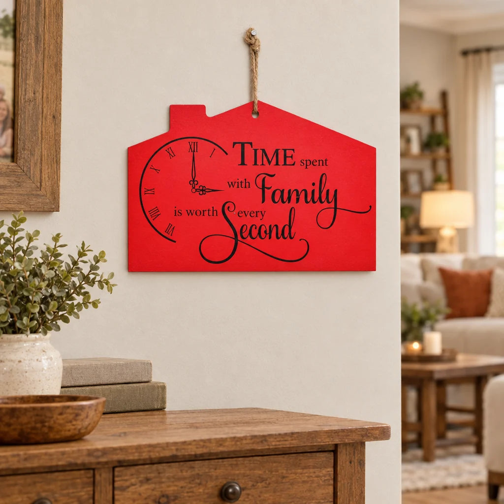 Red house-shaped Time Value family quote wall hanging on living room wall