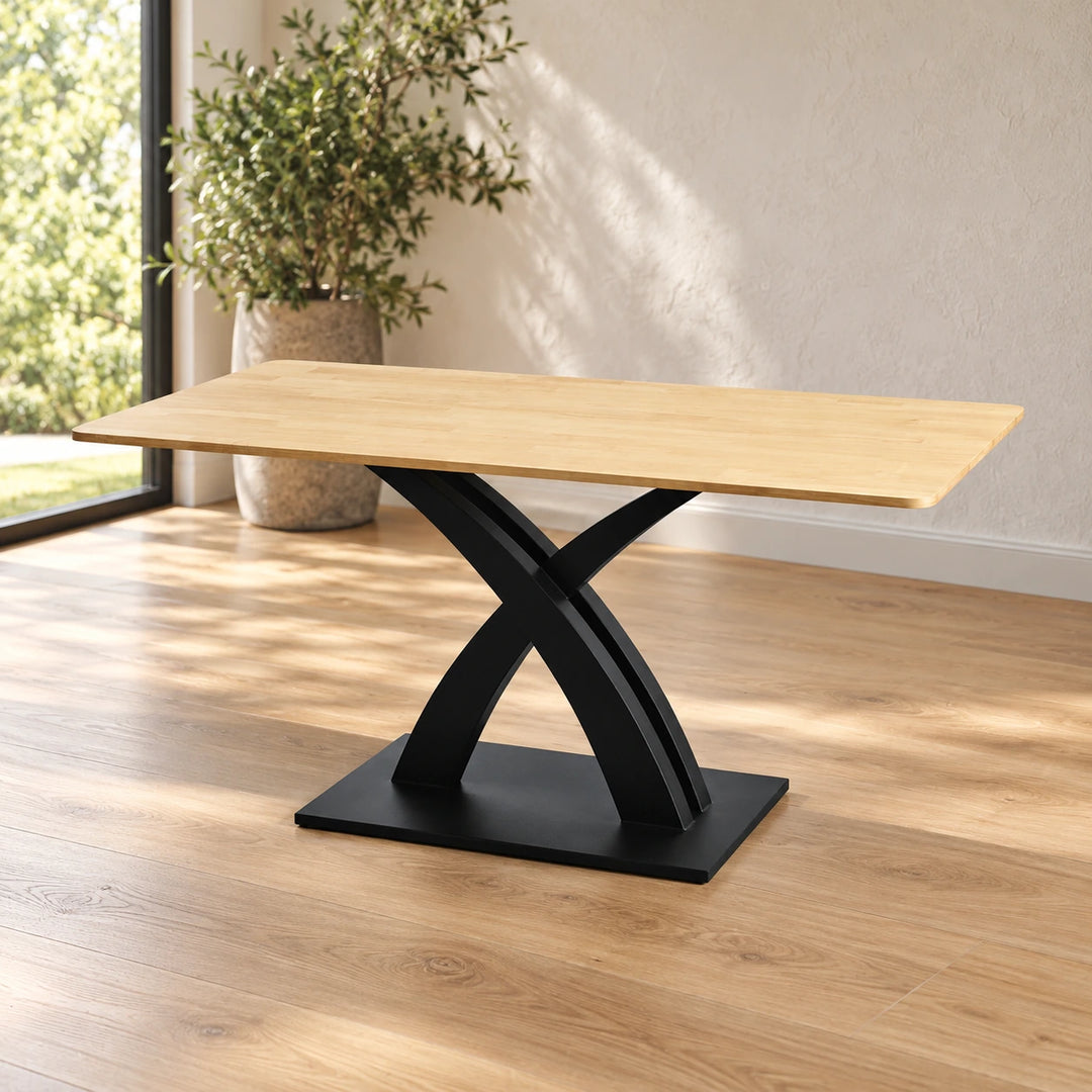 Rekoro pale wood table with black crossed sculptural pedestal and flat footplate
