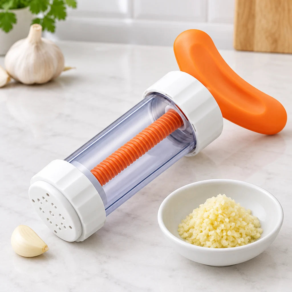 Orange-handled garlic press with a clear barrel beside crushed garlic