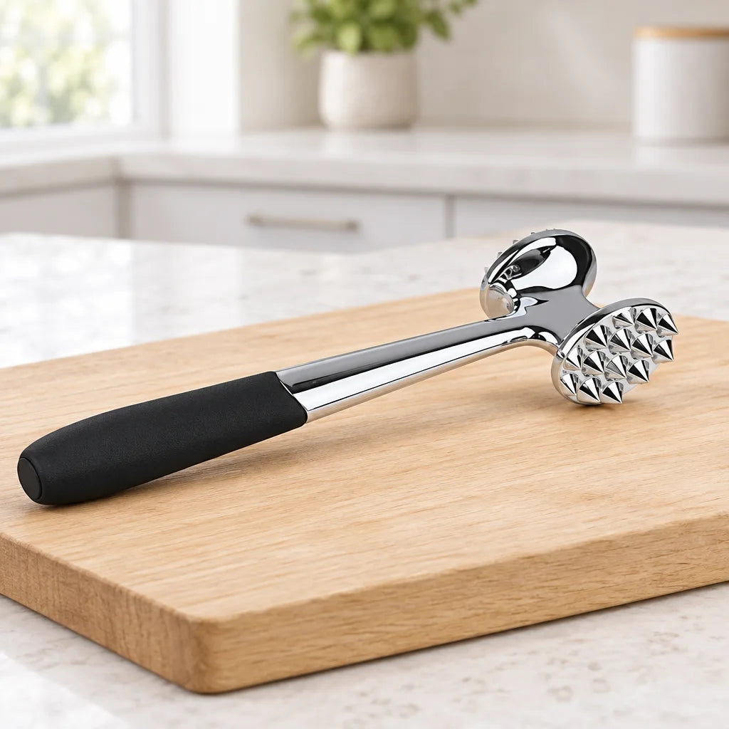 Metal meat tenderizer with a textured head and black handle on a chopping board
