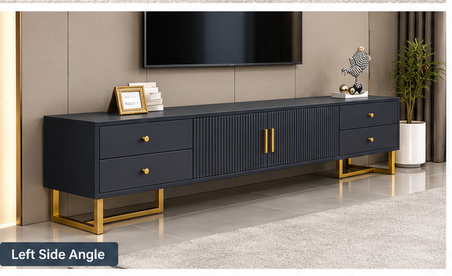 Modern Luxe Fluted TV Console – 4 Door with Gold Metal Legs
