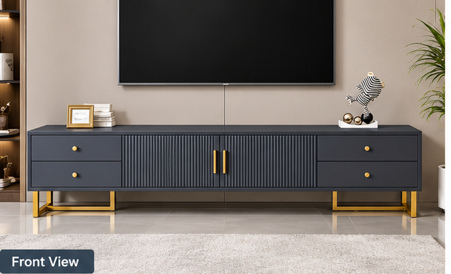 Modern Luxe Fluted TV Console – 4 Door with Gold Metal Legs
