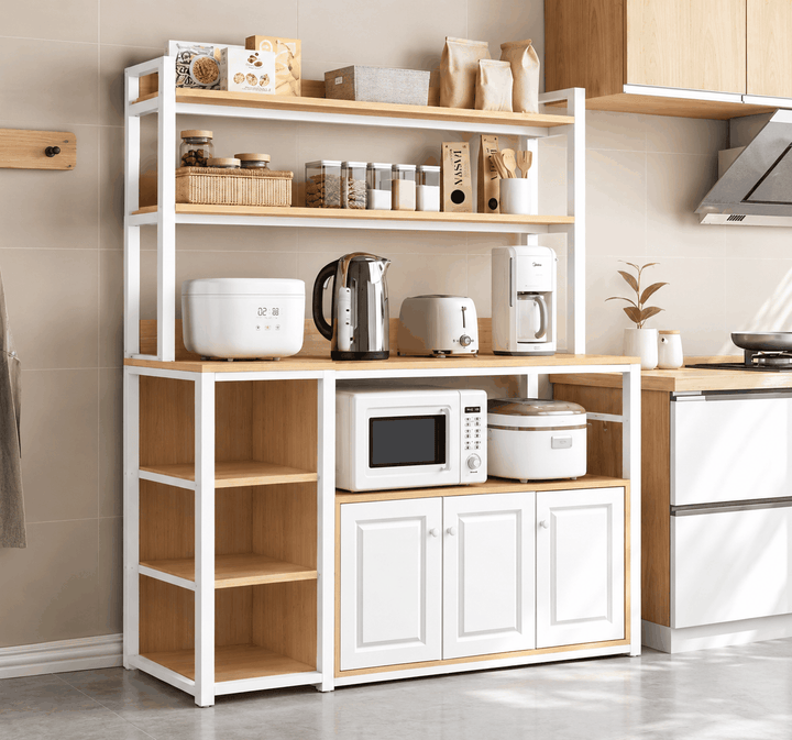 Kitchen multi storage rack with microwave, kettle and white cabinet doors