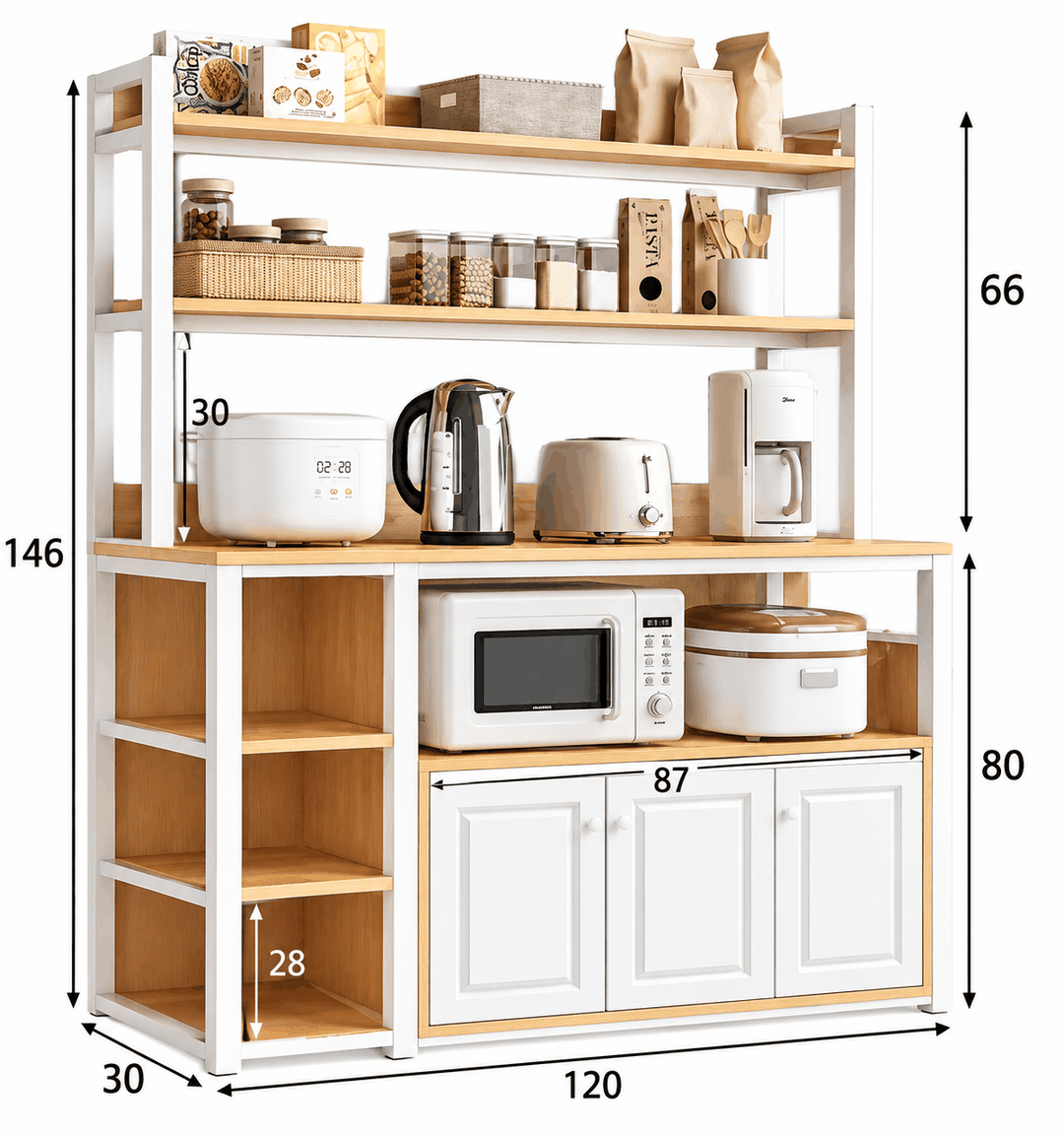 Dimension diagram of tall kitchen multi storage rack with upper shelves