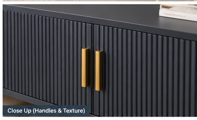 Modern Luxe Fluted TV Console – 4 Door with Gold Metal Legs