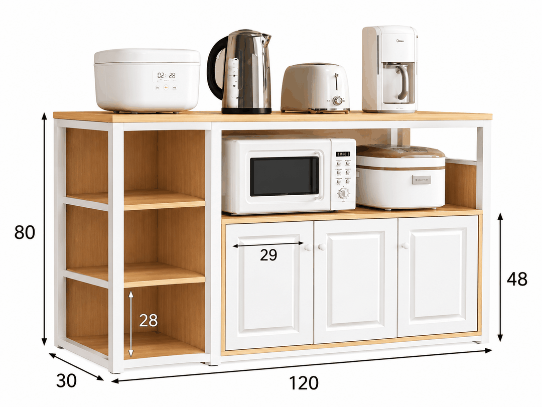 Dimension diagram of low kitchen storage rack cabinet with microwave and appliances