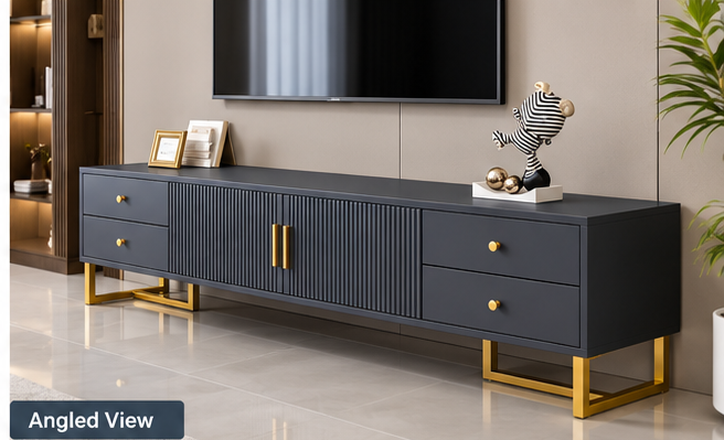 Modern Luxe Fluted TV Console – 4 Door with Gold Metal Legs