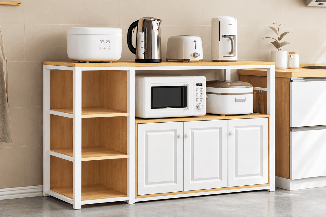 Low kitchen organizer rack with white doors holding microwave and rice cooker