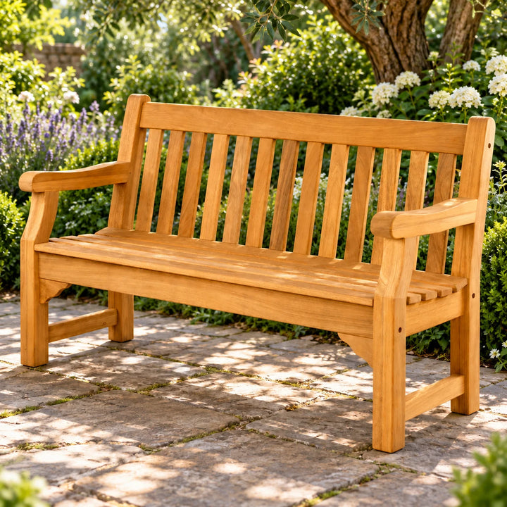 Roble honey tone wooden garden bench with slatted back in a natural garden