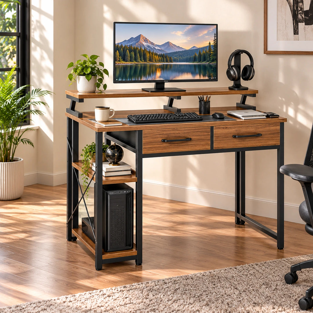 Brown two-drawer computer desk with black frame, raised monitor shelf and side storage shelves