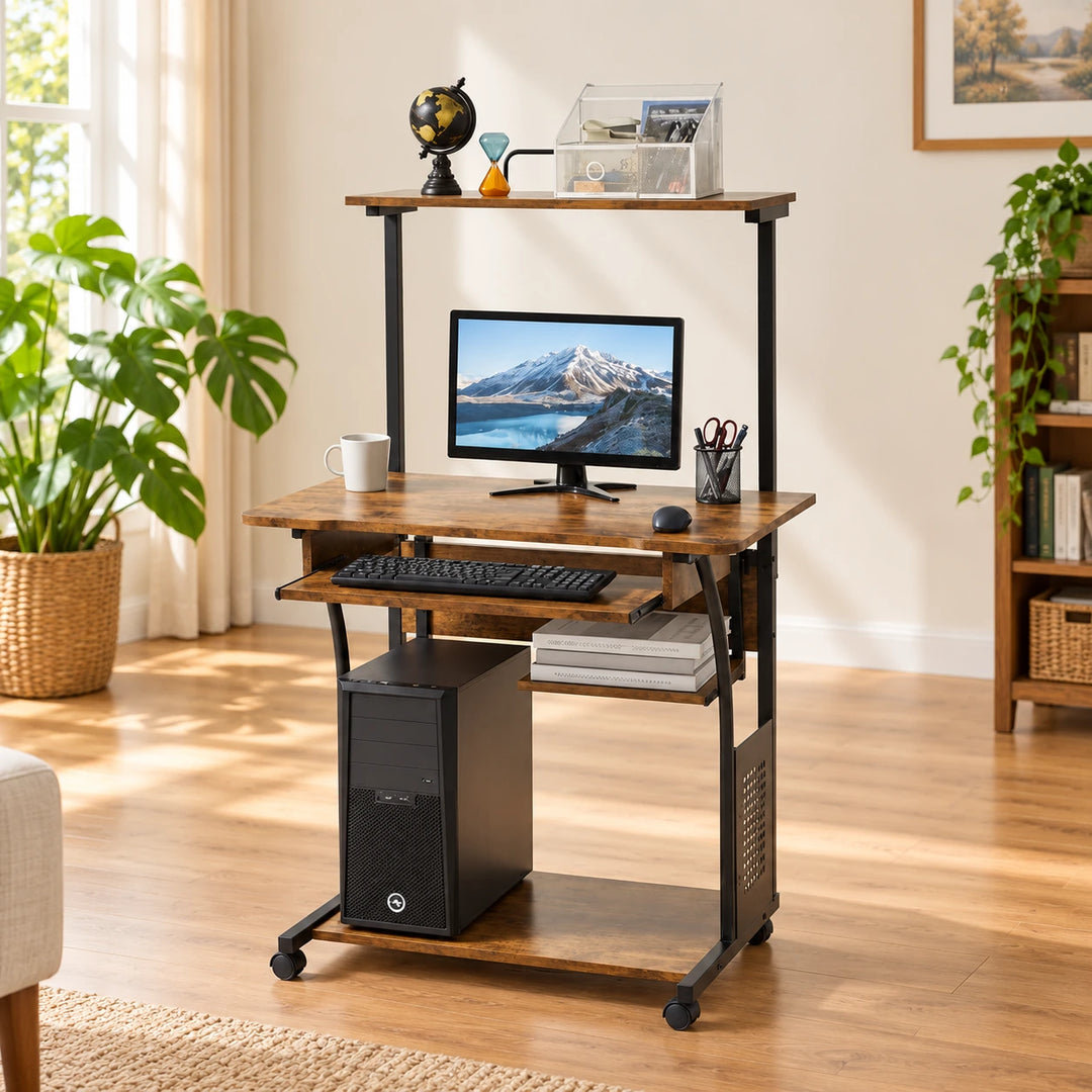 Rustic brown and black rolling computer desk with shelves in a naturally lit home office