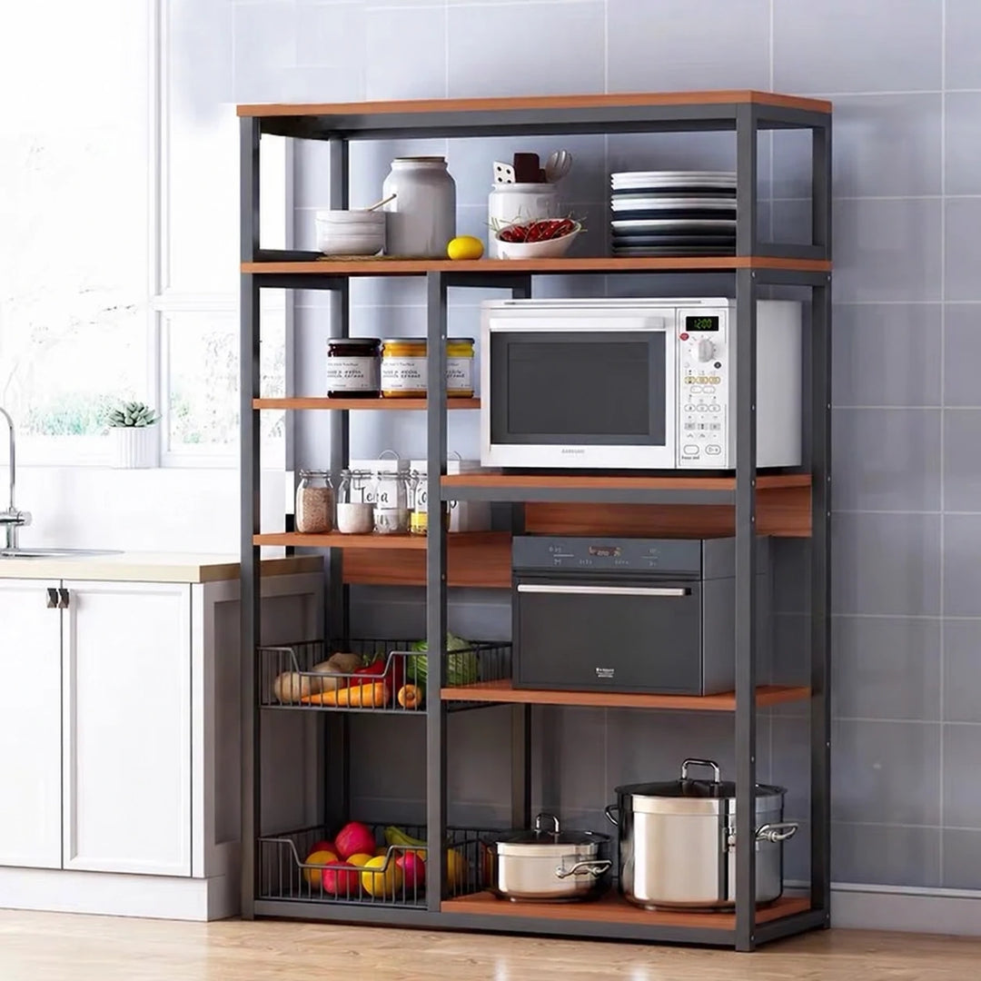 Black and brown kitchen storage rack with appliances and pantry supplies beside a clean countertop
