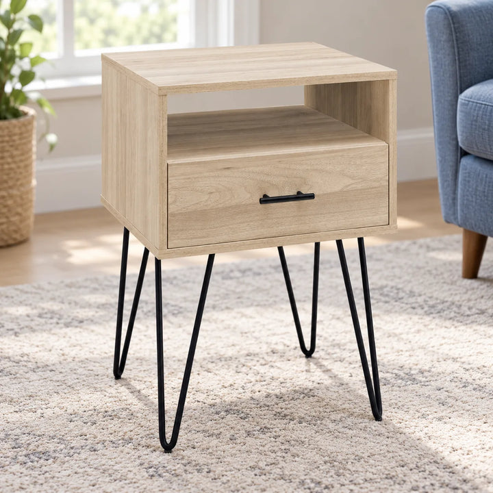Medium Rustic Birch side table with one drawer, open cubby and four black hairpin legs in a sunlit room; styling furniture not included