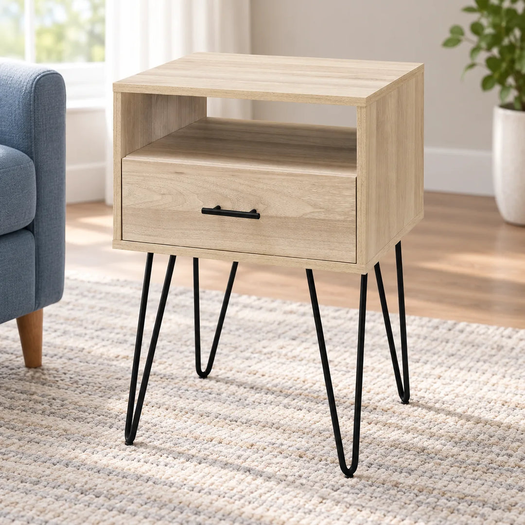 Small Rustic Birch side table with one drawer, open cubby and four black hairpin legs in a sunlit room; styling furniture not included